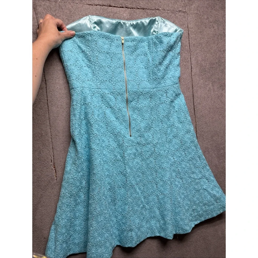 Lilly Pulitzer Blue Daisy Eyelet Strapless‎ Vicki Dress Women's 12 Floral Retro - Picture 9 of 11